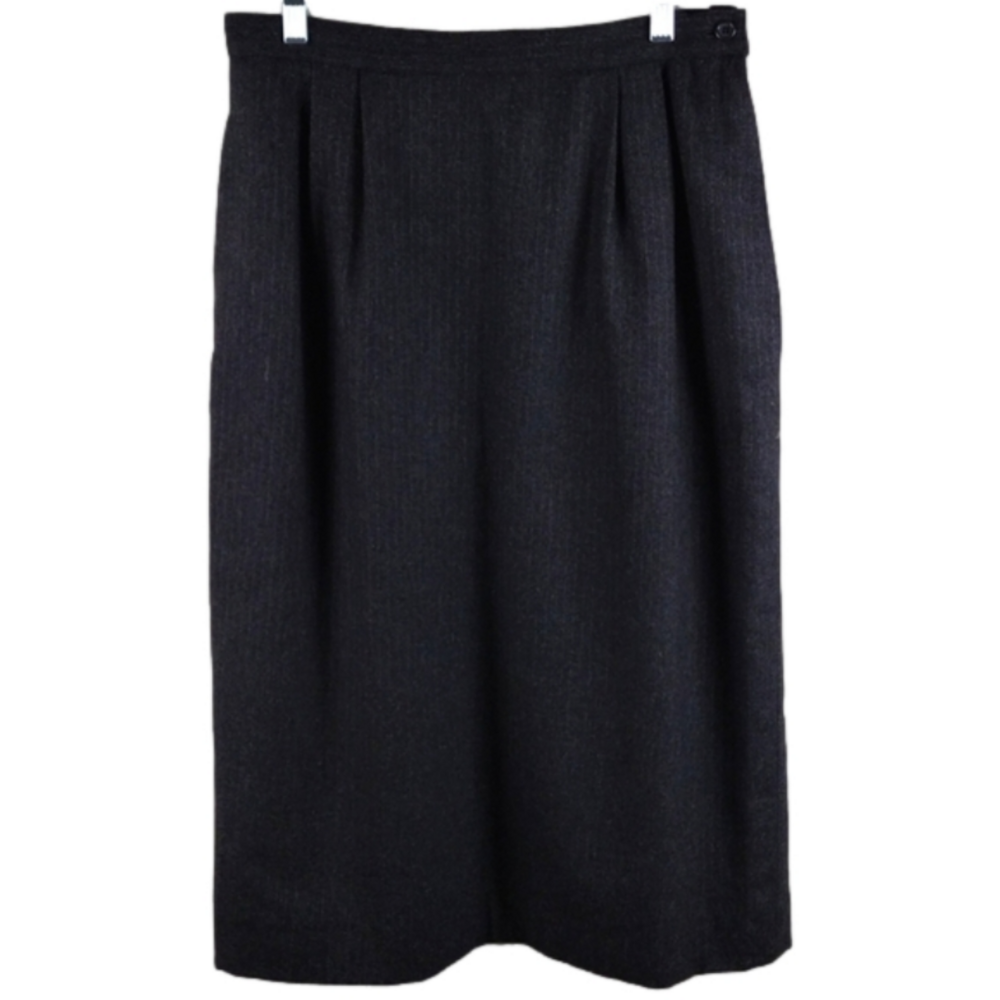Peabody House Vintage Wool Black Grey Pleated Front Pinstripe Pencil Midi Skirt
